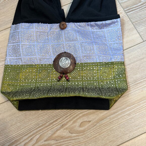 Artisan Thai Boho Bag Purple/green with black Cotton-strap Wooden Beads & Button - Picture 10 of 13